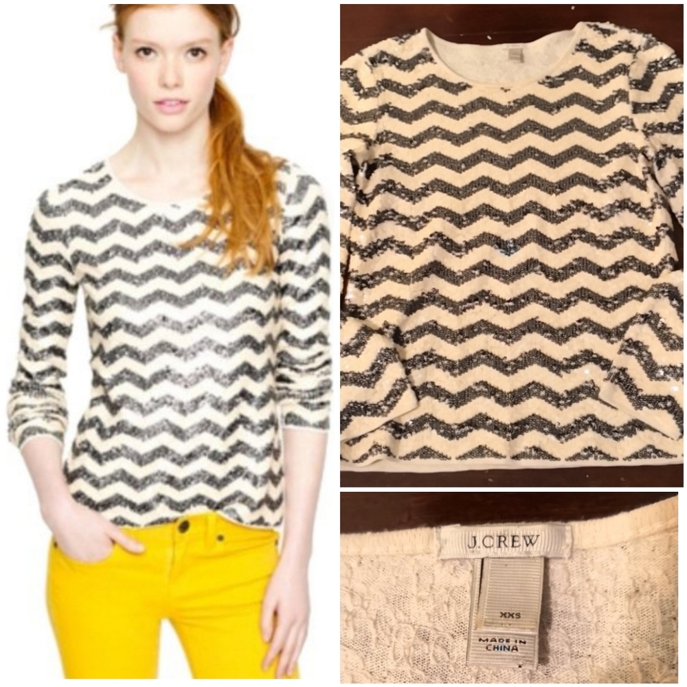 J Crew Cream and Gray Sequin Chevron Top
